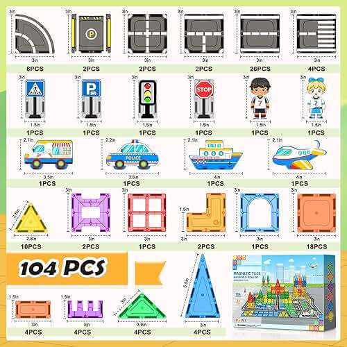 IGIVI 104 PCS Magnetic Tiles Road Set, STEM Construction Toys for Kids Ages 3-5 5-7 4-8, Magnet Building Blocks for Toddler Toys Games, Christmas Birthday Gifts for 3+ Year Old Boys Girls - Image 4
