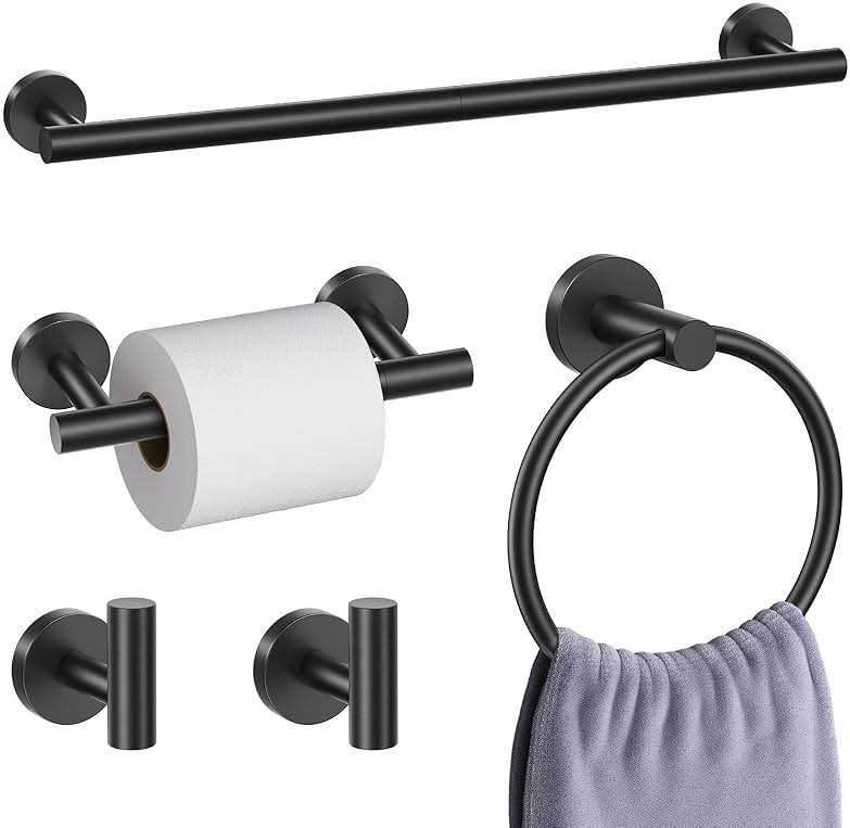 5 Pieces Matte Black Bathroom Hardware Accessories Set, Bathroom 23.6 Inch Towel Bar Set Stainless Steel Toilet Paper Holder Round Towel Racks for Bathroom Wall Mounted - Image 1