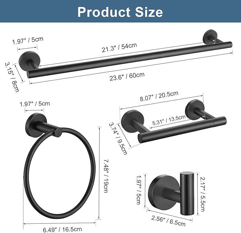 5 Pieces Matte Black Bathroom Hardware Accessories Set, Bathroom 23.6 Inch Towel Bar Set Stainless Steel Toilet Paper Holder Round Towel Racks for Bathroom Wall Mounted - Image 3