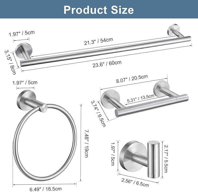 Brushed Nickel Bathroom Hardware Accessories Set, 5 Pieces Round Towel Bar Set Toilet Paper Holder Towel Rail Set for Bathroom Stainless Steel Wall Mounted Bathroom Set,23.6 in - Image 3