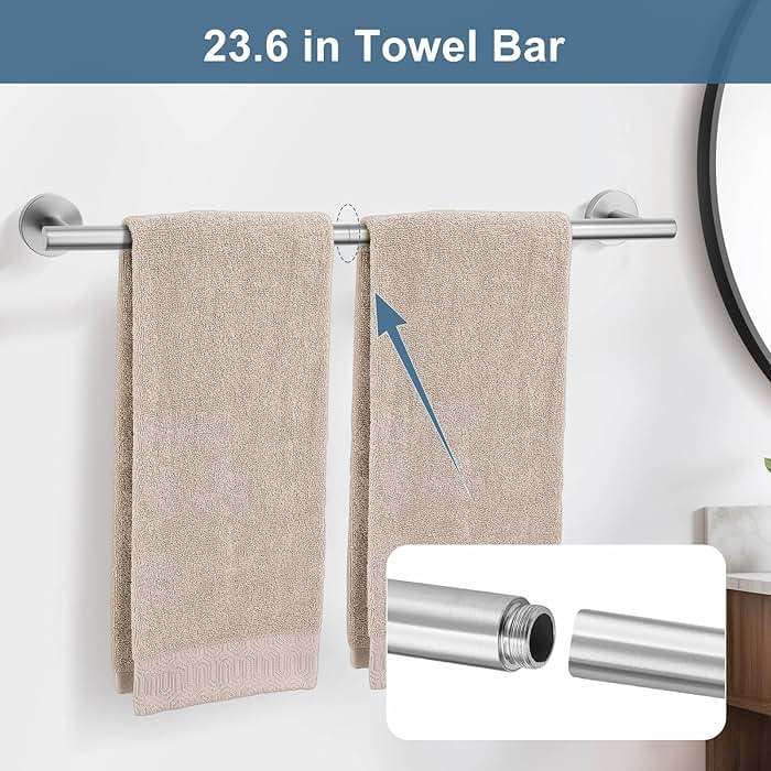 Brushed Nickel Bathroom Hardware Accessories Set, 5 Pieces Round Towel Bar Set Toilet Paper Holder Towel Rail Set for Bathroom Stainless Steel Wall Mounted Bathroom Set,23.6 in - Image 5
