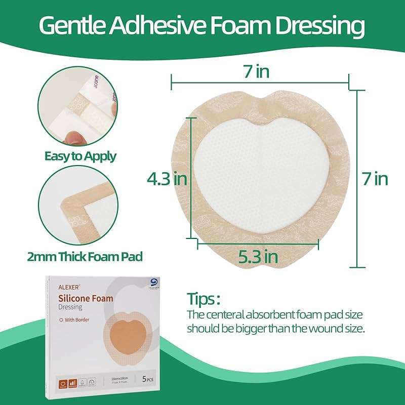 Jointown Foam Absorbent Wound Care Dressing, Adhesive Silicone Sacral Foam Dressing with Border, Waterproof Bed Sore Bandages, 7"x7", 5 PCS - Image 2