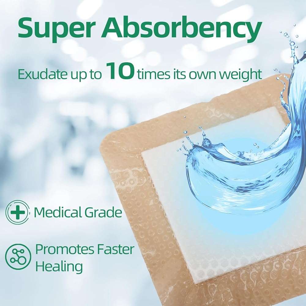 Jointown Foam Absorbent Wound Care Dressing, Adhesive Silicone Sacral Foam Dressing with Border, Waterproof Bed Sore Bandages, 7"x7", 5 PCS - Image 4