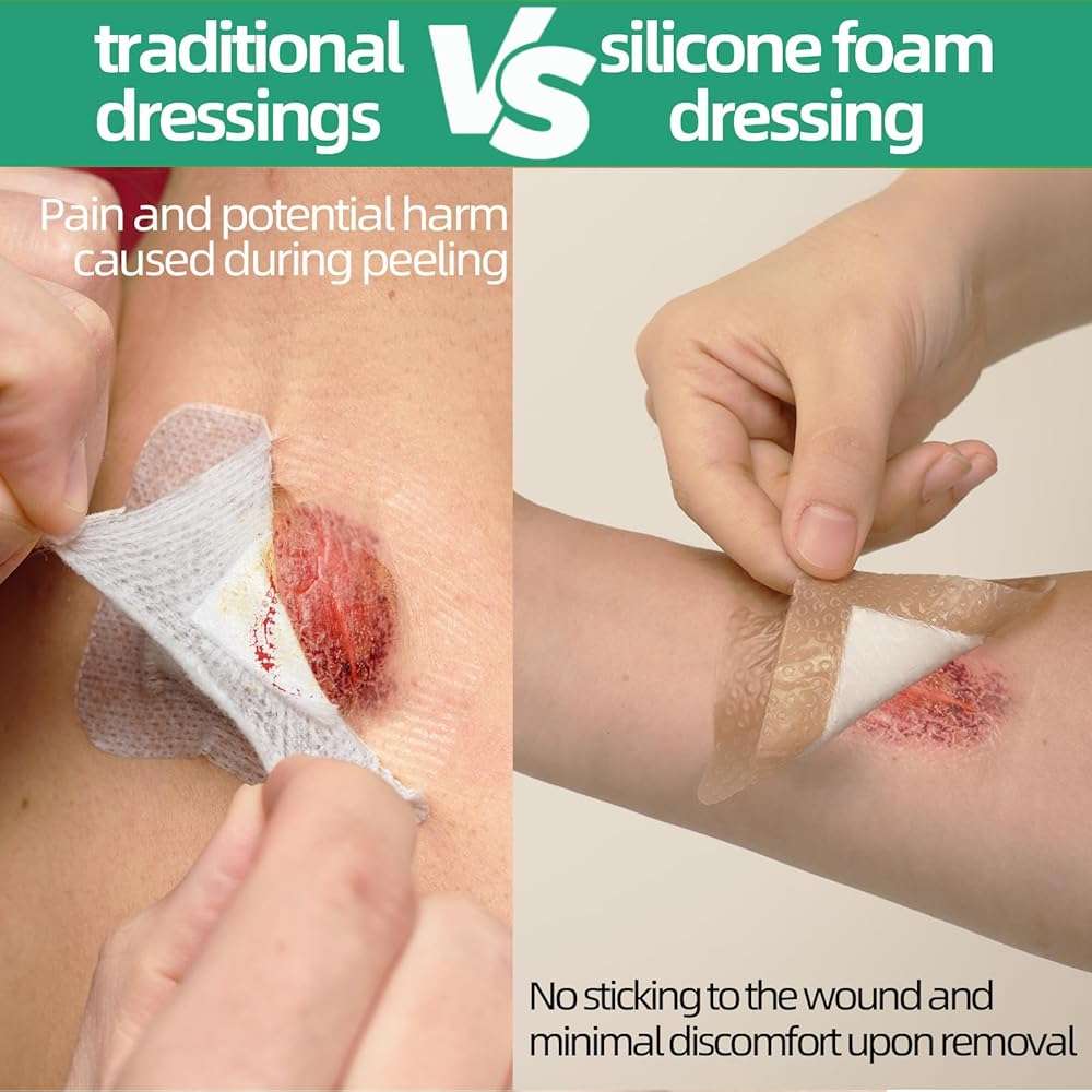 Jointown Foam Absorbent Wound Care Dressing, Adhesive Silicone Sacral Foam Dressing with Border, Waterproof Bed Sore Bandages, 7"x7", 5 PCS - Image 5