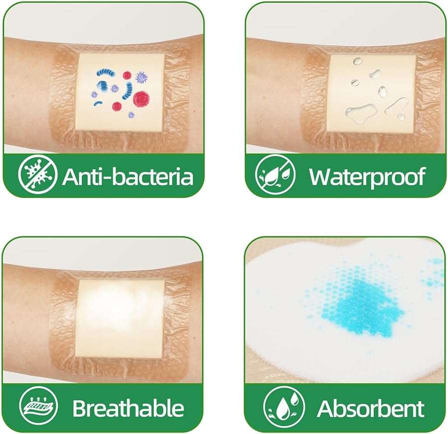 Jointown Foam Absorbent Wound Care Dressing, Adhesive Silicone Sacral Foam Dressing with Border, Waterproof Bed Sore Bandages, 7"x7", 5 PCS - Image 6