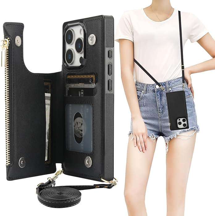Bocasal Crossbody Wallet Case for iPhone 16 Pro with RFID Blocking Card Slot Holder, Magnetic Flip Folio Purse Case, PU Leather Zipper Handbag with Detachable Lanyard Strap 6.3 Inch 5G (Black) - Image 1