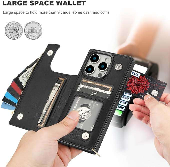 Bocasal Crossbody Wallet Case for iPhone 16 Pro with RFID Blocking Card Slot Holder, Magnetic Flip Folio Purse Case, PU Leather Zipper Handbag with Detachable Lanyard Strap 6.3 Inch 5G (Black) - Image 3