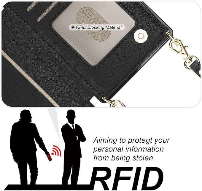 Bocasal Crossbody Wallet Case for iPhone 16 Pro with RFID Blocking Card Slot Holder, Magnetic Flip Folio Purse Case, PU Leather Zipper Handbag with Detachable Lanyard Strap 6.3 Inch 5G (Black) - Image 4