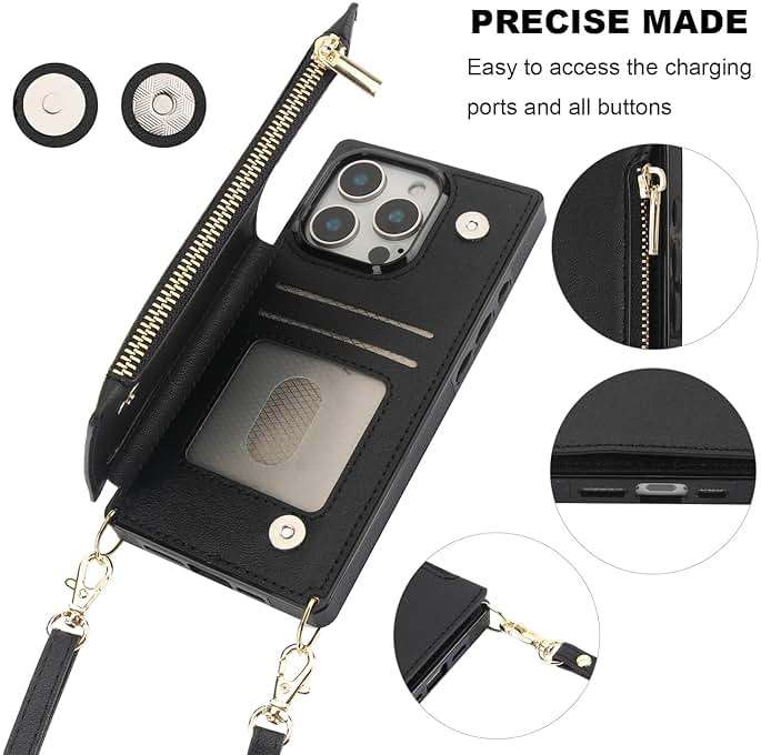 Bocasal Crossbody Wallet Case for iPhone 16 Pro with RFID Blocking Card Slot Holder, Magnetic Flip Folio Purse Case, PU Leather Zipper Handbag with Detachable Lanyard Strap 6.3 Inch 5G (Black) - Image 6