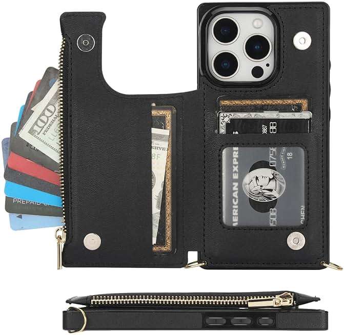 Bocasal Crossbody Wallet Case for iPhone 16 Pro with RFID Blocking Card Slot Holder, Magnetic Flip Folio Purse Case, PU Leather Zipper Handbag with Detachable Lanyard Strap 6.3 Inch 5G (Black) - Image 7