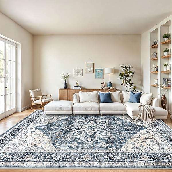 AMADA HOMEFURNISHING 8x10 Washable Area Rug, Low-Profile with Non-Slip Backing & Durable Edge Binding, Vintage Large Rugs for Living Room, Bedroom, Dining Room, Blue - Image 1