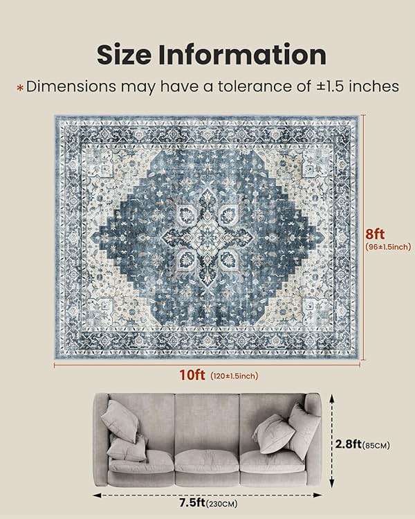 AMADA HOMEFURNISHING 8x10 Washable Area Rug, Low-Profile with Non-Slip Backing & Durable Edge Binding, Vintage Large Rugs for Living Room, Bedroom, Dining Room, Blue - Image 2