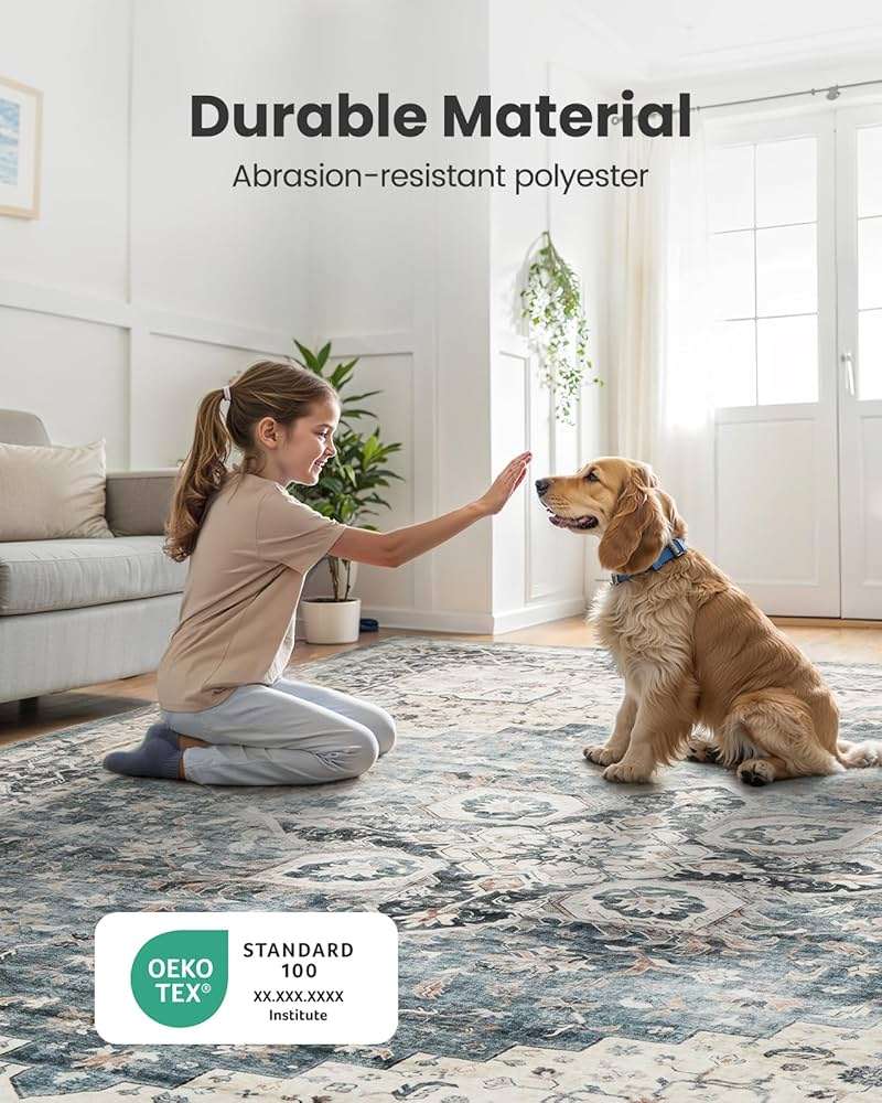 AMADA HOMEFURNISHING 8x10 Washable Area Rug, Low-Profile with Non-Slip Backing & Durable Edge Binding, Vintage Large Rugs for Living Room, Bedroom, Dining Room, Blue - Image 3