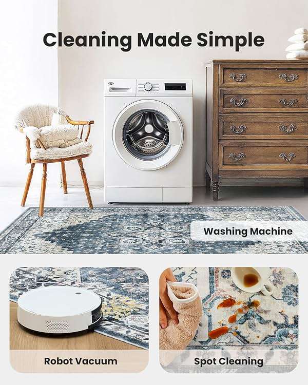 AMADA HOMEFURNISHING 8x10 Washable Area Rug, Low-Profile with Non-Slip Backing & Durable Edge Binding, Vintage Large Rugs for Living Room, Bedroom, Dining Room, Blue - Image 4