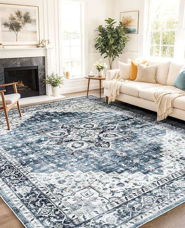 AMADA HOMEFURNISHING 8x10 Washable Area Rug, Low-Profile with Non-Slip Backing & Durable Edge Binding, Vintage Large Rugs for Living Room, Bedroom, Dining Room, Blue - Image 8