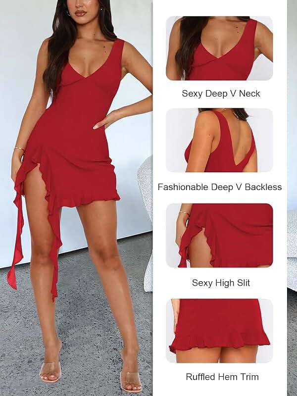MIYIEONZ Women Sleeveless Sexy V Neck Bodycon Mini Dress Summer Side Slit Mesh Irregular Ruffle Hem Backless Short Dress - Image 3