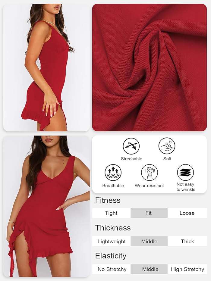 MIYIEONZ Women Sleeveless Sexy V Neck Bodycon Mini Dress Summer Side Slit Mesh Irregular Ruffle Hem Backless Short Dress - Image 4