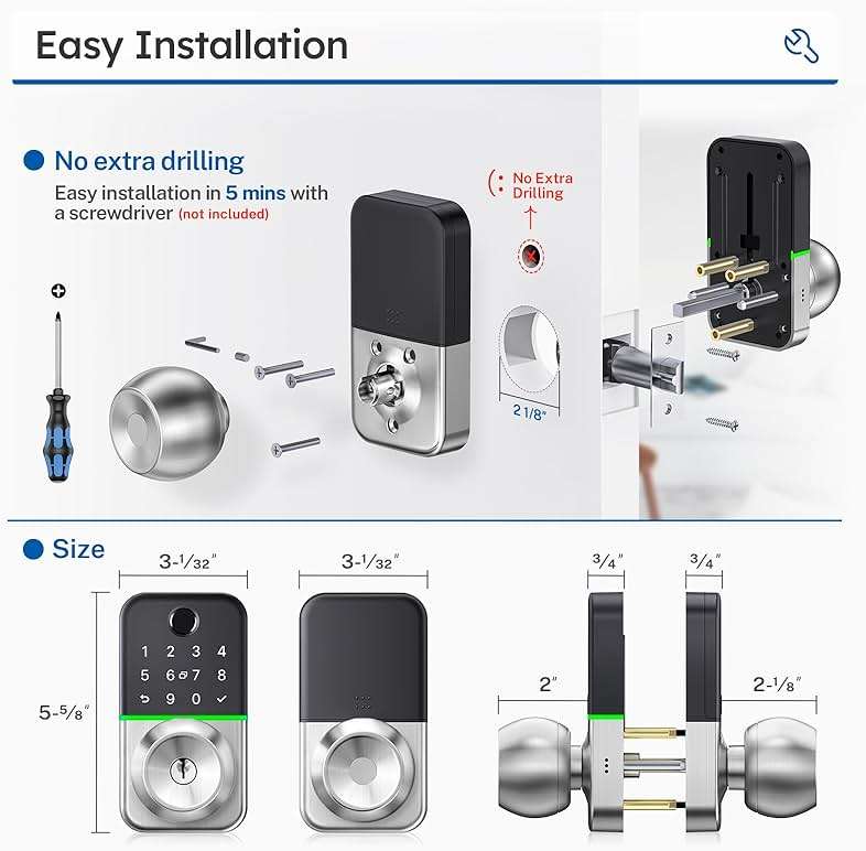 Keypad Smart Door Lock with Knob: Kucacci Keyless Entry Fingerprint Lock for Front Door - Keypad Digital Lock with Handle - Electronic Code Door Knob - Easy Installation - Generate Passcode Remotely - Image 6