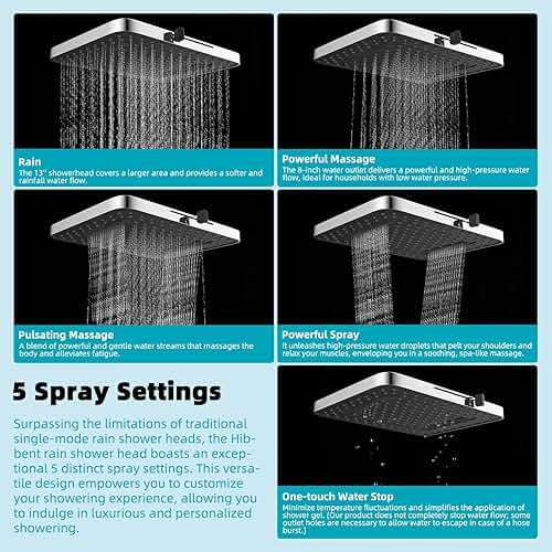 Hibbent cUPC Certified 5 Spray Modes Shower Head, 13'' High Pressure Large Rainfall Shower Head, High Flow Waterfall Bathroom Fixed Showerheads with Adjustable Swivel Ball Joint, Chrome - Image 4
