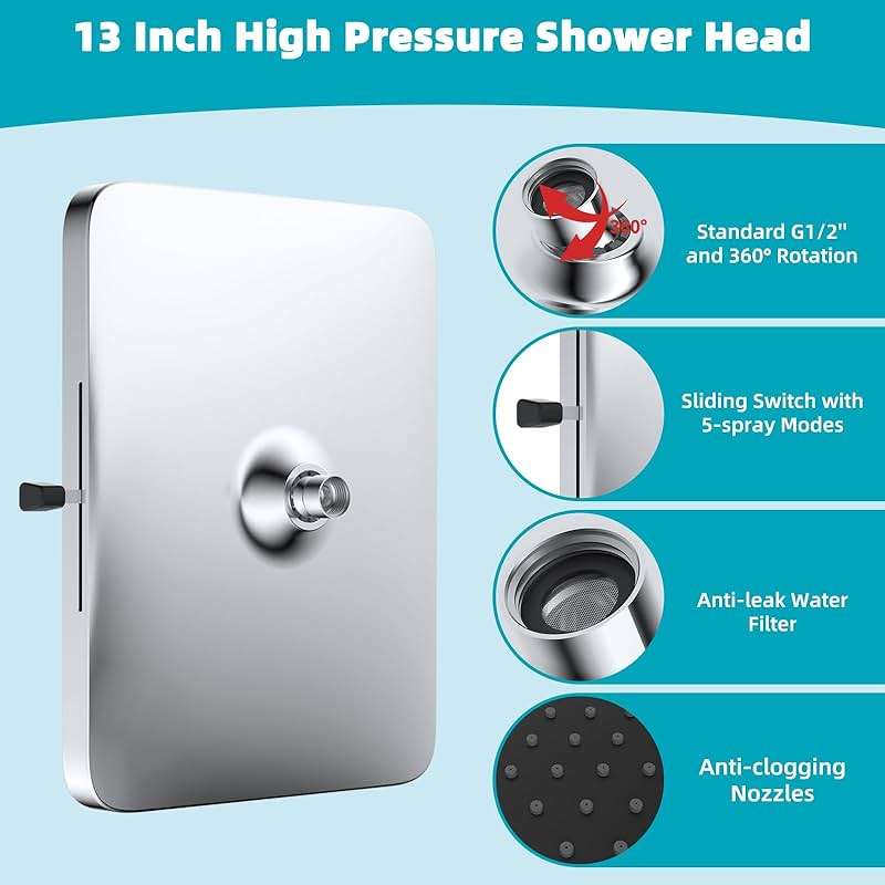 Hibbent cUPC Certified 5 Spray Modes Shower Head, 13'' High Pressure Large Rainfall Shower Head, High Flow Waterfall Bathroom Fixed Showerheads with Adjustable Swivel Ball Joint, Chrome - Image 7