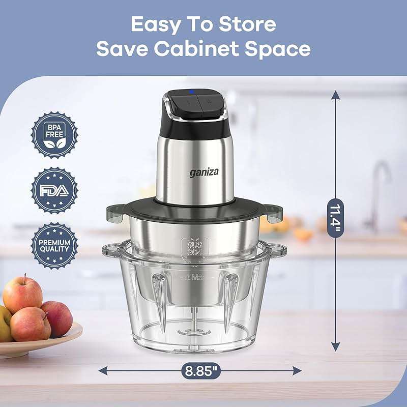 Ganiza Food Processor with Dual Bowls, 2-Speed Food Chopper & Meat Grinder | 8Cup Stainless & 8Cup Glass Bowls, Upgraded Button & Smart Overheat Protection Light - Includes Clean Brush, 2 Sets of Blades - Image 2