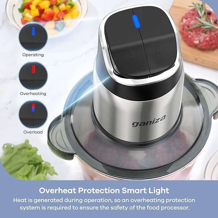 Ganiza Food Processor with Dual Bowls, 2-Speed Food Chopper & Meat Grinder | 8Cup Stainless & 8Cup Glass Bowls, Upgraded Button & Smart Overheat Protection Light - Includes Clean Brush, 2 Sets of Blades - Image 3