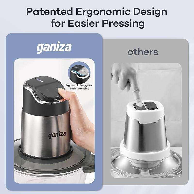 Ganiza Food Processor with Dual Bowls, 2-Speed Food Chopper & Meat Grinder | 8Cup Stainless & 8Cup Glass Bowls, Upgraded Button & Smart Overheat Protection Light - Includes Clean Brush, 2 Sets of Blades - Image 5
