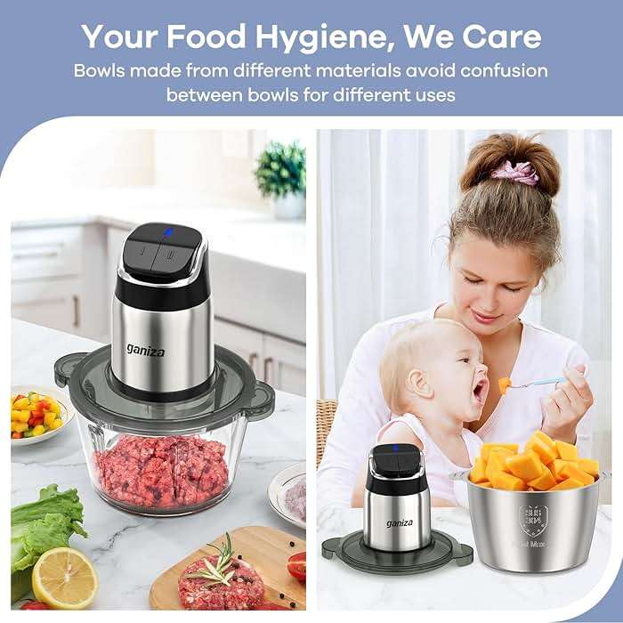 Ganiza Food Processor with Dual Bowls, 2-Speed Food Chopper & Meat Grinder | 8Cup Stainless & 8Cup Glass Bowls, Upgraded Button & Smart Overheat Protection Light - Includes Clean Brush, 2 Sets of Blades - Image 6