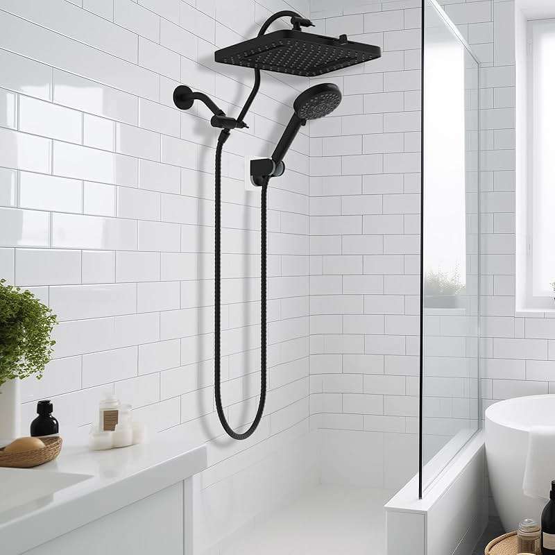 Hibbent cUPC Certified High Pressure 13'' Dual Shower Head Combo with 10-mode Handheld Spray, Rainfall 5-spray Shower Head, 12'' Adjustable Extension Arm, 71'' Hose, Showerhead Holder, Matte Black - Image 2