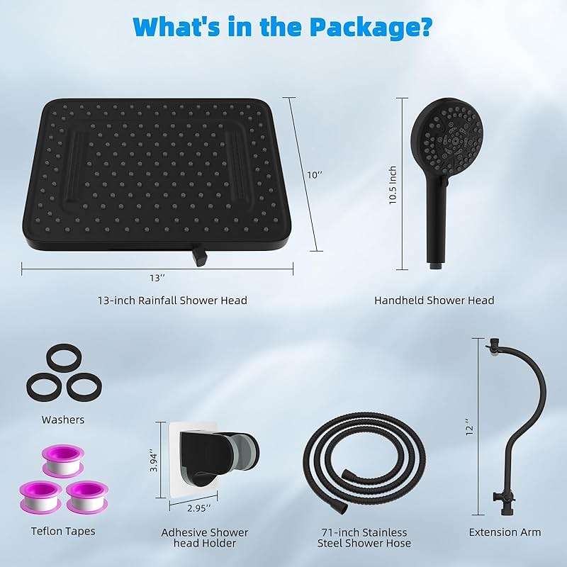 Hibbent cUPC Certified High Pressure 13'' Dual Shower Head Combo with 10-mode Handheld Spray, Rainfall 5-spray Shower Head, 12'' Adjustable Extension Arm, 71'' Hose, Showerhead Holder, Matte Black - Image 3