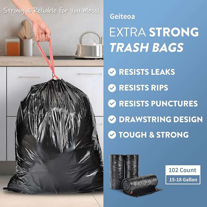 Geiteoa 15-18 Gallon Black Trash Bags with Drawstring (102 Count) Fit 16, 17 Gal High Density Large Garbage Bags, Strong Plastic Trash Can Liners for Kitchen Lawn Commercial - Image 3
