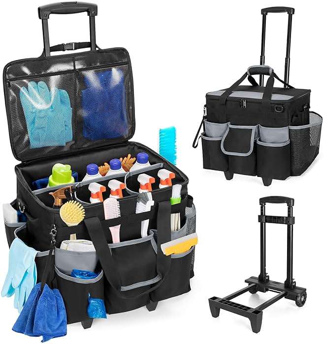 HODRANT Large Rolling Cleaning Caddy with Detachable Trolley & Lid, Cleaning Cart on Wheels with Shoulder Strap & Handles, Cleaning Supplies Organizer with Multi Pockets for Cleaning Tools Storage - Image 1