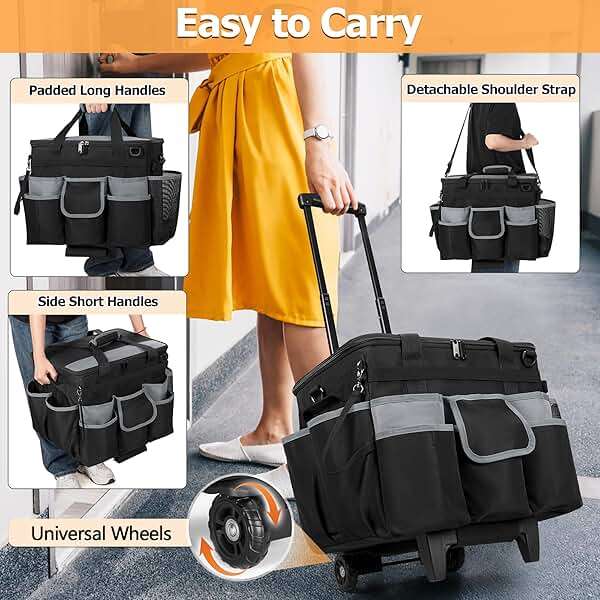 HODRANT Large Rolling Cleaning Caddy with Detachable Trolley & Lid, Cleaning Cart on Wheels with Shoulder Strap & Handles, Cleaning Supplies Organizer with Multi Pockets for Cleaning Tools Storage - Image 5