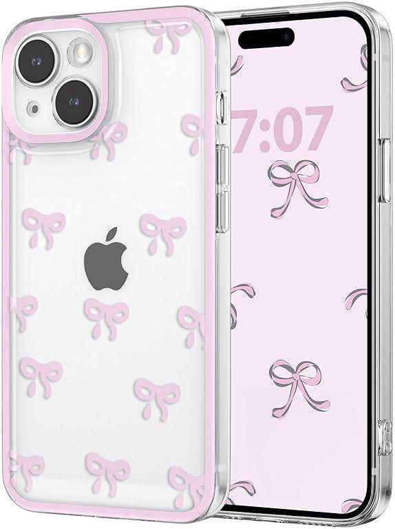 EYZUTAK Case for iPhone 13, Clear Cute Ribbon Bowknot Pattern Aesthetic Transparent Phone Case Raised Camera Protection Stylish Slim Soft Durable TPU Protective Cover for Women Girls - Pink - Image 9