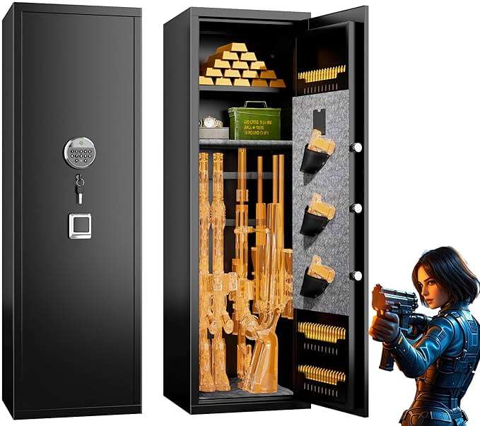 [No Assembly Required]8-12 Fingerprint Gun Safe for Rifles and Pistols,Gun Safes for Rifle and Password Lock, Gun Cabinet for Home with Adjustable Shelves, Biometric Heavy Duty Long Gun Safe,57" High - Image 1