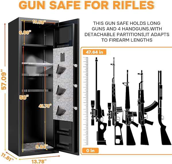 [No Assembly Required]8-12 Fingerprint Gun Safe for Rifles and Pistols,Gun Safes for Rifle and Password Lock, Gun Cabinet for Home with Adjustable Shelves, Biometric Heavy Duty Long Gun Safe,57" High - Image 3
