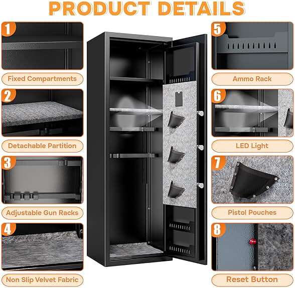 [No Assembly Required]8-12 Fingerprint Gun Safe for Rifles and Pistols,Gun Safes for Rifle and Password Lock, Gun Cabinet for Home with Adjustable Shelves, Biometric Heavy Duty Long Gun Safe,57" High - Image 6