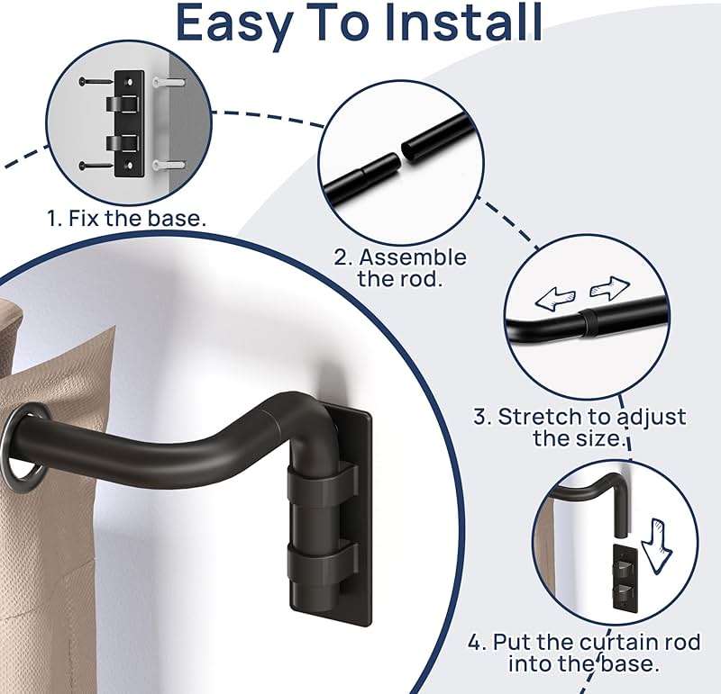 ENJOYBASICS Blackout Curtain rod for windows 48 to 84, 5/8 in Wrap Around Curtain Rods for Bedroom, Living Room, Adjustable from 30 to 86 Inches, Matte Black - Image 4