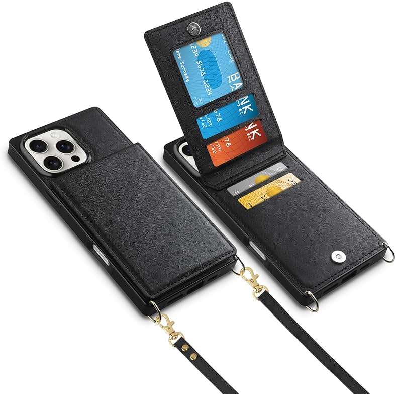 Vofolen for iPhone 16 Pro Case Wallet with Card Holder Crossbody Lanyard Strap Leather with Magnetic Clasp Heavy Duty Shockproof Protective Flip Cover for iPhone 16 Pro Phone Case for Women-Black - Image 1