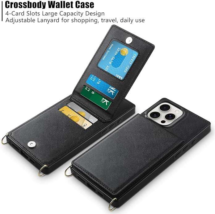Vofolen for iPhone 16 Pro Case Wallet with Card Holder Crossbody Lanyard Strap Leather with Magnetic Clasp Heavy Duty Shockproof Protective Flip Cover for iPhone 16 Pro Phone Case for Women-Black - Image 2
