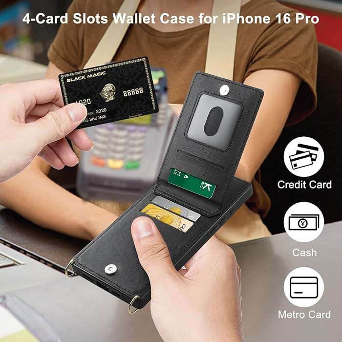 Vofolen for iPhone 16 Pro Case Wallet with Card Holder Crossbody Lanyard Strap Leather with Magnetic Clasp Heavy Duty Shockproof Protective Flip Cover for iPhone 16 Pro Phone Case for Women-Black - Image 3