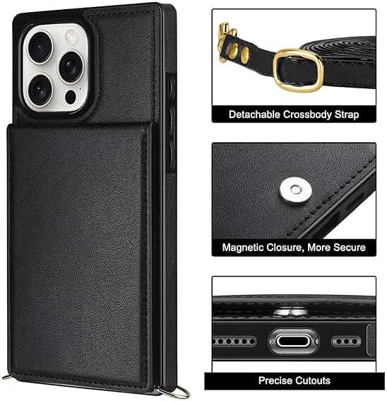 Vofolen for iPhone 16 Pro Case Wallet with Card Holder Crossbody Lanyard Strap Leather with Magnetic Clasp Heavy Duty Shockproof Protective Flip Cover for iPhone 16 Pro Phone Case for Women-Black - Image 4