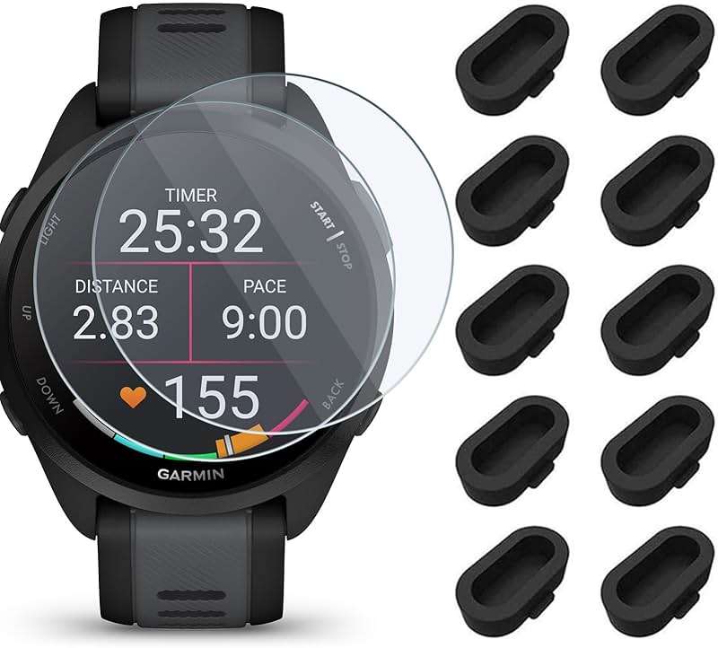 Miimall 2+10 Pack Compatible with Garmin Forerunner 165 Screen Protector, Anti Dust Plug Silicone Charger Port Protector + Hardness Tempered Glass Screen Protector for Forerunner 165/165 Music - Image 1