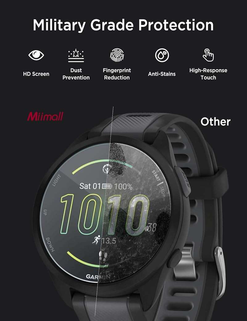 Miimall 2+10 Pack Compatible with Garmin Forerunner 165 Screen Protector, Anti Dust Plug Silicone Charger Port Protector + Hardness Tempered Glass Screen Protector for Forerunner 165/165 Music - Image 3
