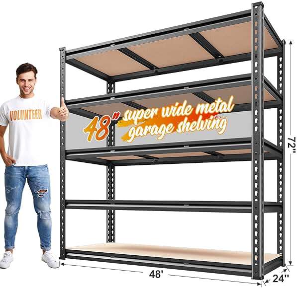 REIBII 48" W Garage Shelving 3080LBS Heavy Duty Storage Shelves 5 Tier Garage Shelves Adjustable Metal Shelving Unit Utility for Basement, Pantry, Warehouse, Commercial, Industrial, 72" H x 24" D - Image 2