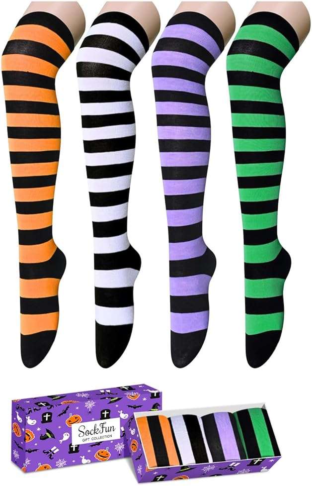 Christmas Thigh High Socks - Halloween Striped Knee High Socks for Women & Teen Girls 4 Pack - Image 1