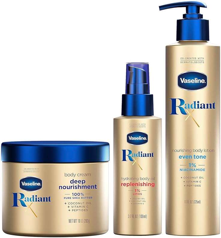 Vaseline Radiant X Skin Care Set –Even Tone Nourishing Body Lotion with 1% Niacinamide, Deep Nourishment Body Cream with Vitamin C + Hydrating Body Oil with Vitamin E (3 Piece Set) - Image 1