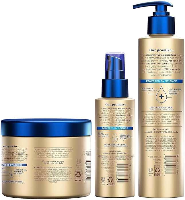 Vaseline Radiant X Skin Care Set –Even Tone Nourishing Body Lotion with 1% Niacinamide, Deep Nourishment Body Cream with Vitamin C + Hydrating Body Oil with Vitamin E (3 Piece Set) - Image 2
