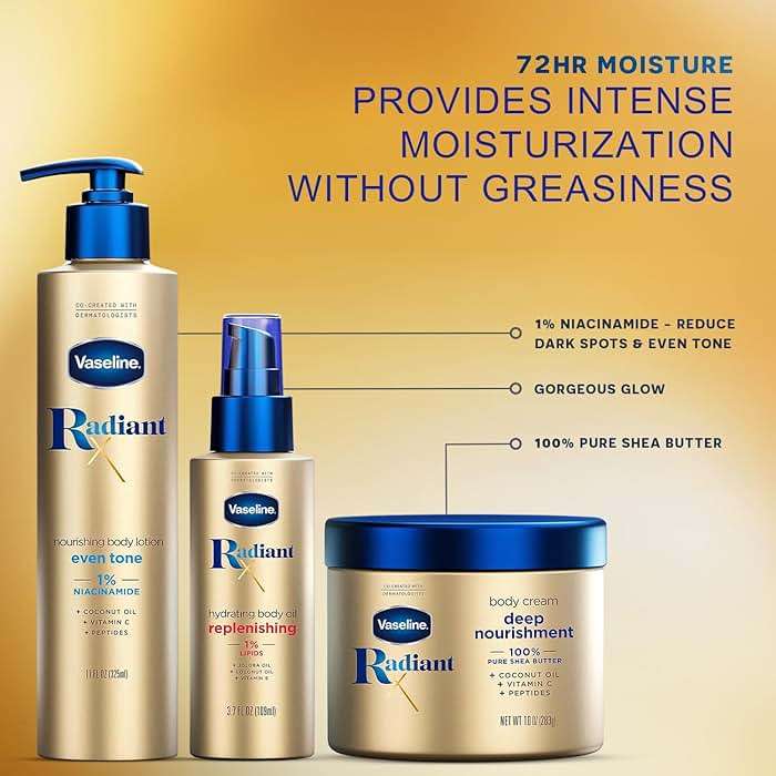 Vaseline Radiant X Skin Care Set –Even Tone Nourishing Body Lotion with 1% Niacinamide, Deep Nourishment Body Cream with Vitamin C + Hydrating Body Oil with Vitamin E (3 Piece Set) - Image 3