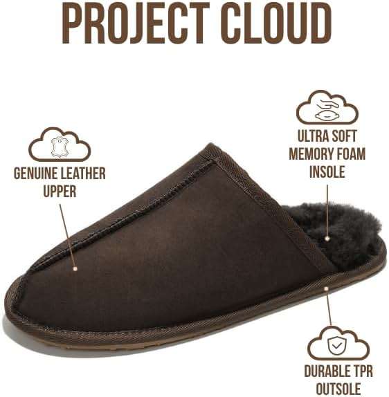 Project Cloud Mens Slippers 100% Genuine Leather and Genuine Shearling Lining – House Slippers for Men with Memory Foam Insole – Lightweight & Non Slip Mens House Shoes - Image 2